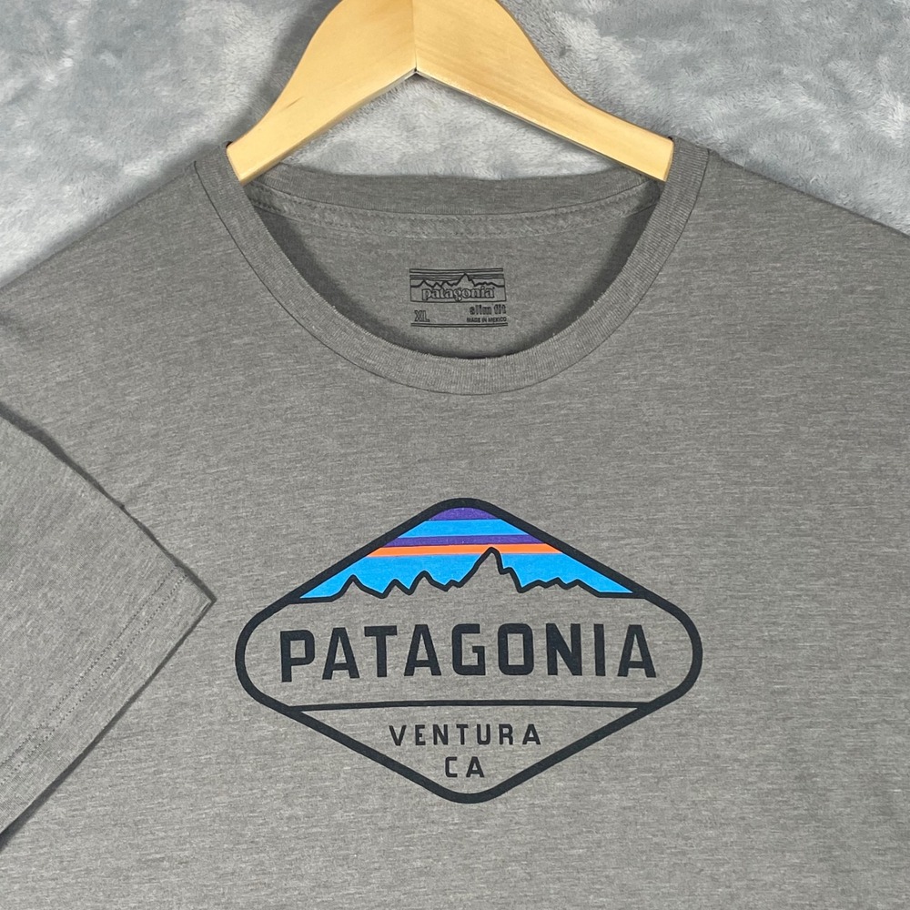 Patagonia Gray Short Sleeve Tee with Blue & Purple Logo